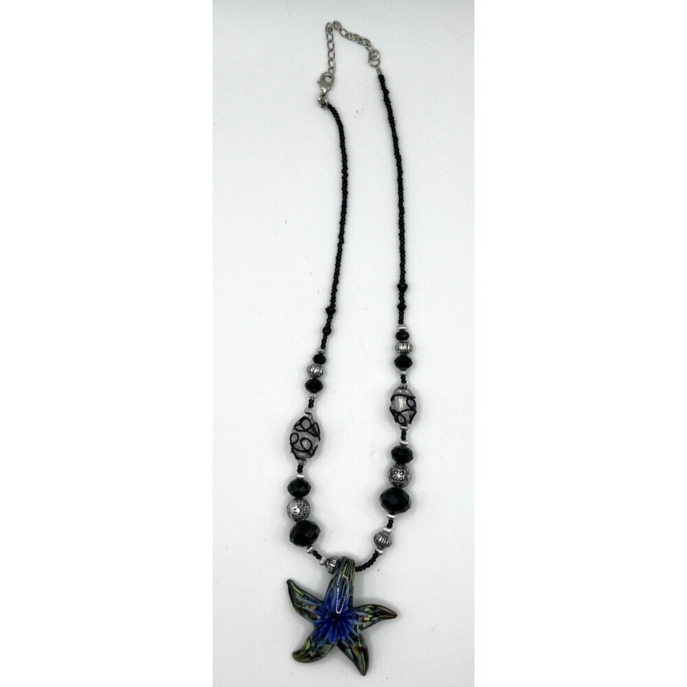 Artisan Lampwork Glass Starfish Pendant Necklace 18" Blue Black Multicolor Boho